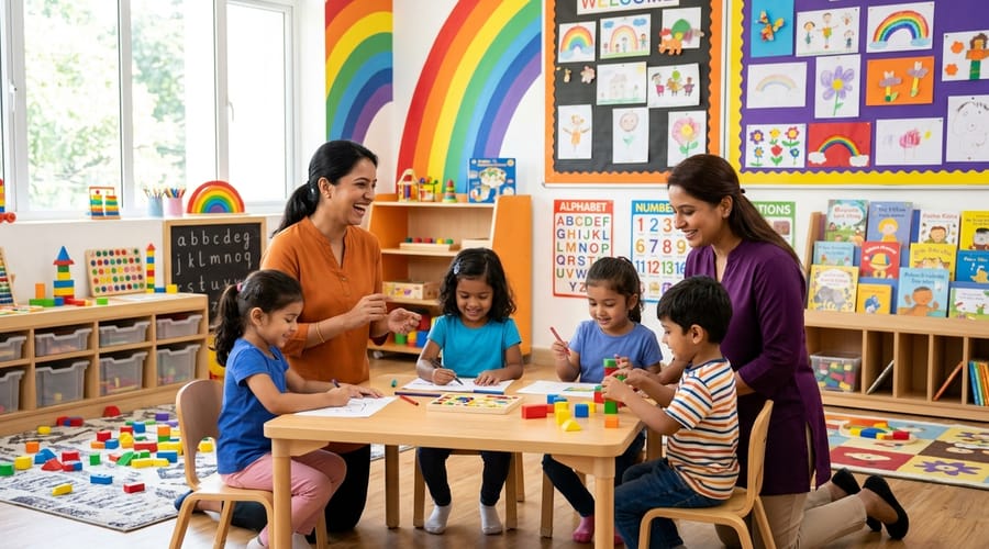 Rainbow Pre-school teachers with children in a bright classroom